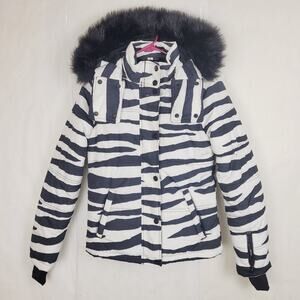 New TopShop Sno black and white fur hood fleece lined ski jacket Size 2